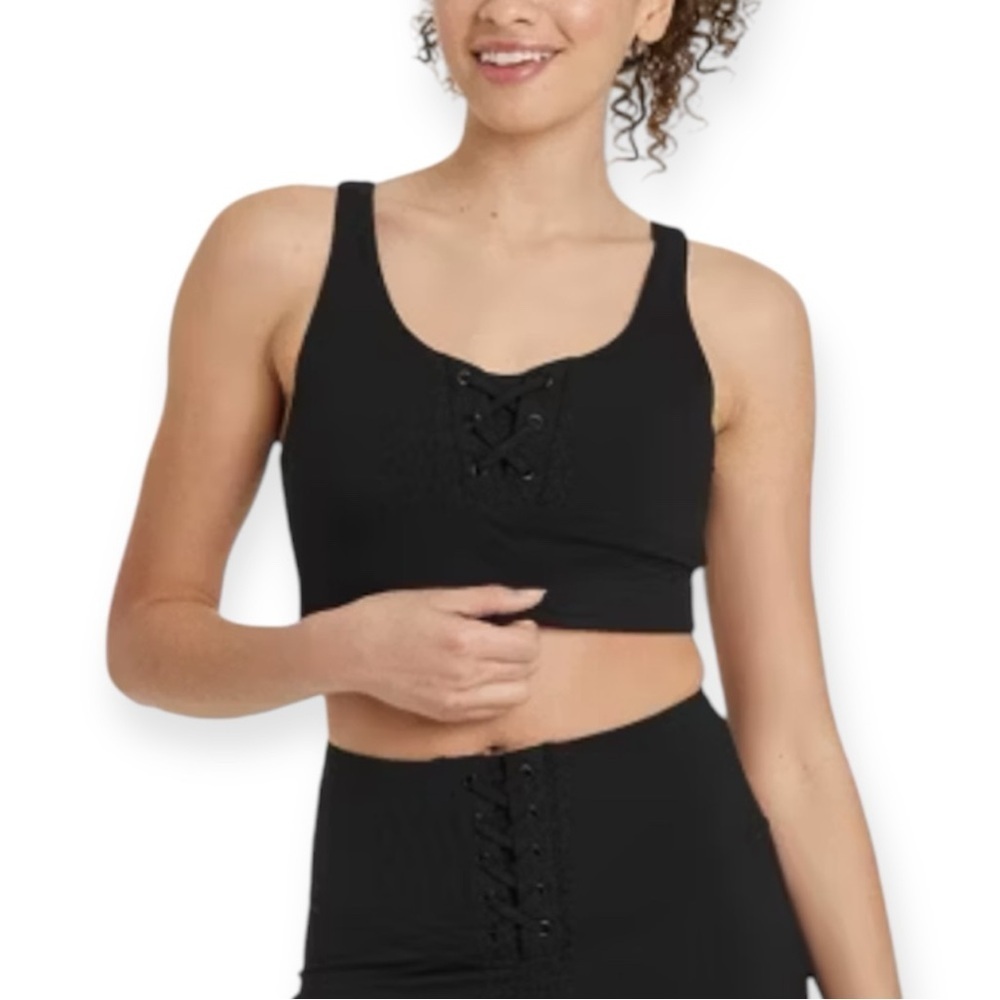 JoyLab Women's‎ Black Lace-Up Detail Ribbed Sports Bra​​​